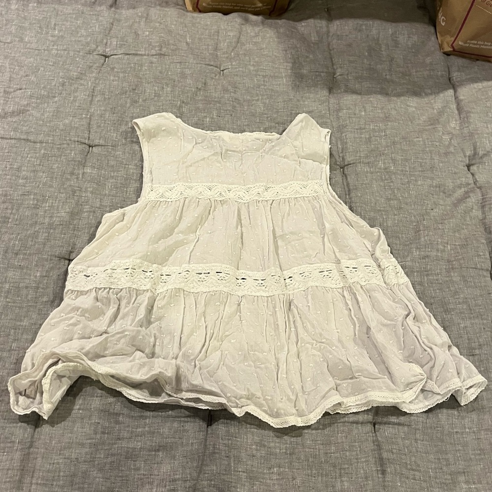 Women’s White Sleeveless Lace Top with Swiss Dot Pattern